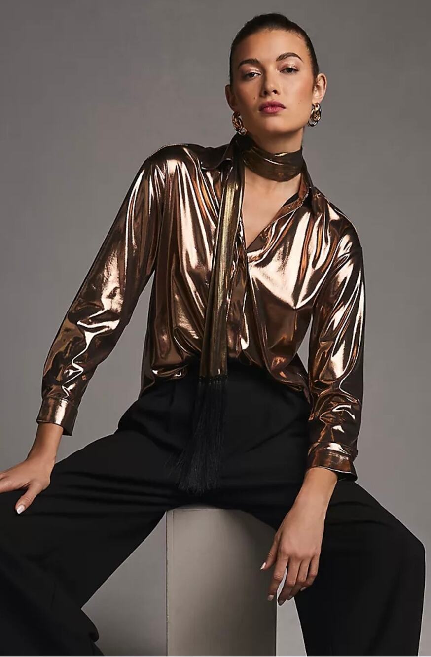 By Anthropologie Shine Shirt M Bronze Gold Metallic Button Down Blouse EUC